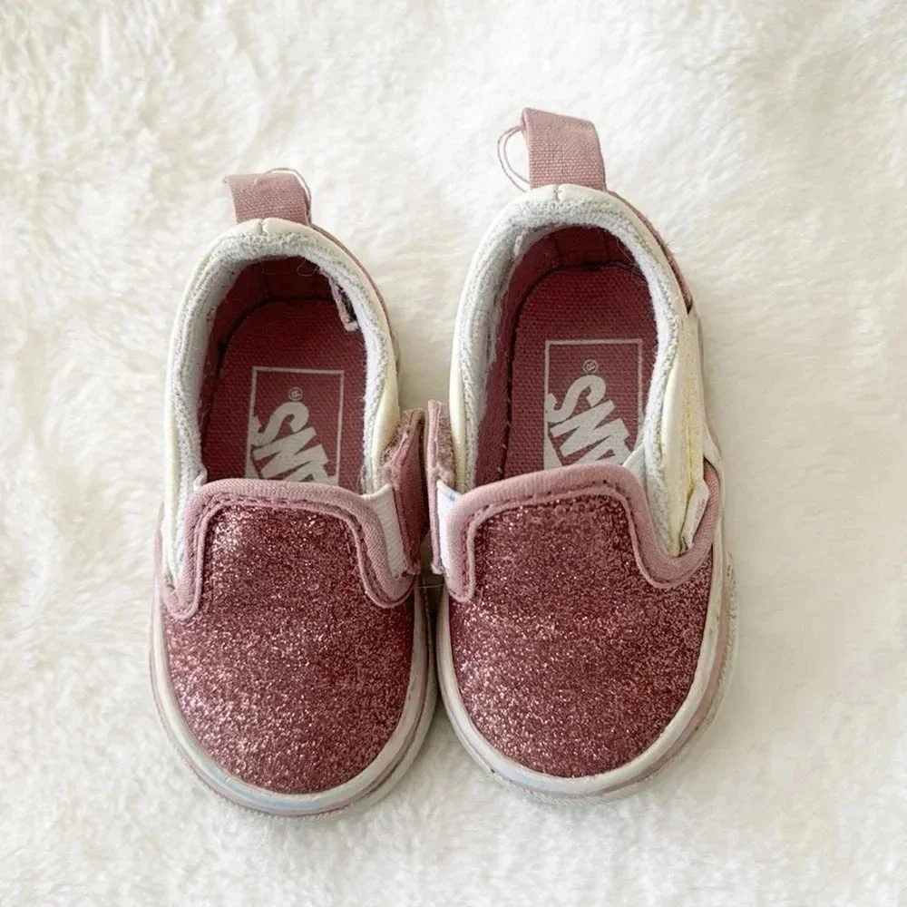 Vans pink/yellow glittery sparkle Slip-On V Sneakers baby girl size 2